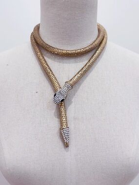 Gold tone mesh rhinestone snake lariat necklace NWOT